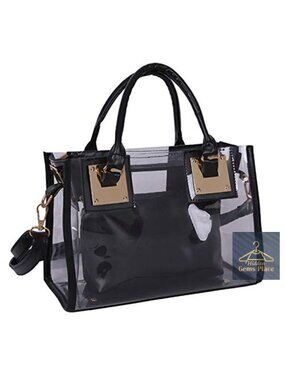 2-Piece Clear PVC Satchel Handbag with Shoulder Strap PU Leather Trim